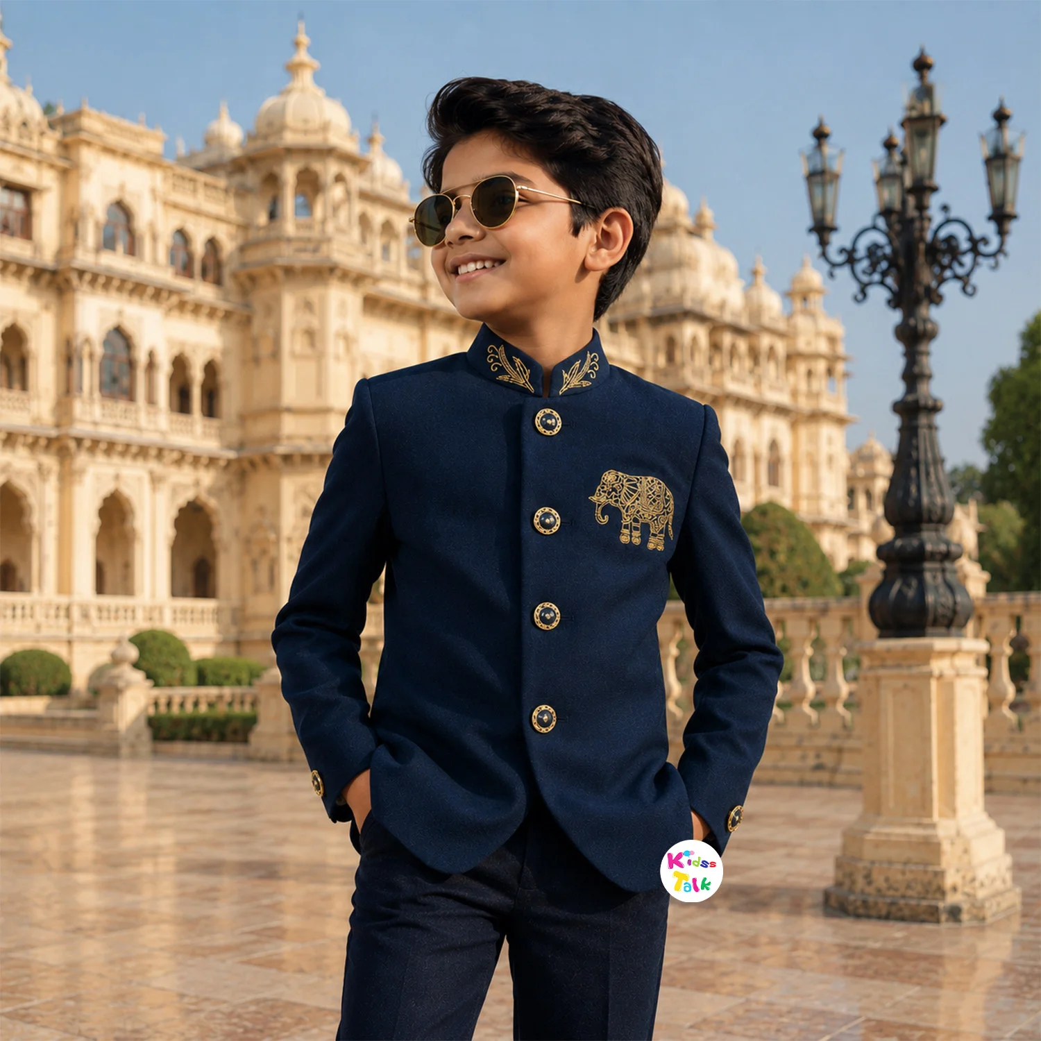 Poly Blend Full Sleeve Sherwani With Zardhosi Work - Navy Blue